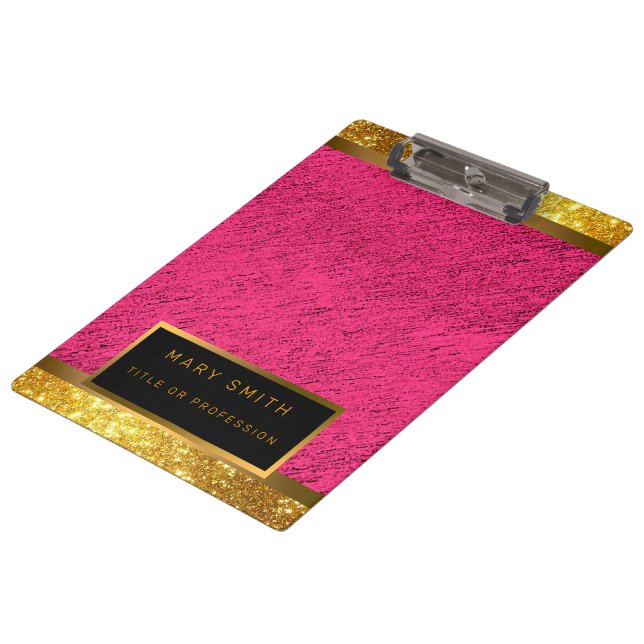 Modern 2in1 Gold Glitter Pink Business Card & Clipboard (Angled)