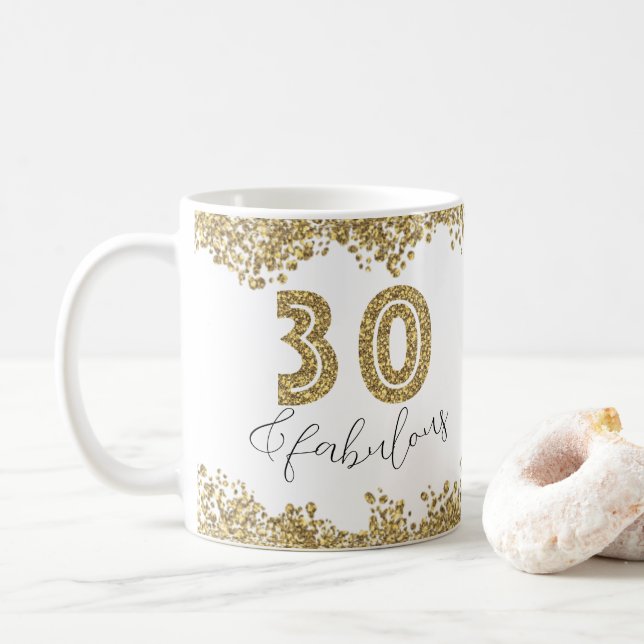 Modern 30 and Fabulous Gold Gitter Personalised Coffee Mug (With Donut)