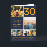 Modern 30 birthday orange blue 6 photo collage card<br><div class="desc">Modern simple 30th birthday navy blue and orange 6 photo collage grid and modern typography.</div>