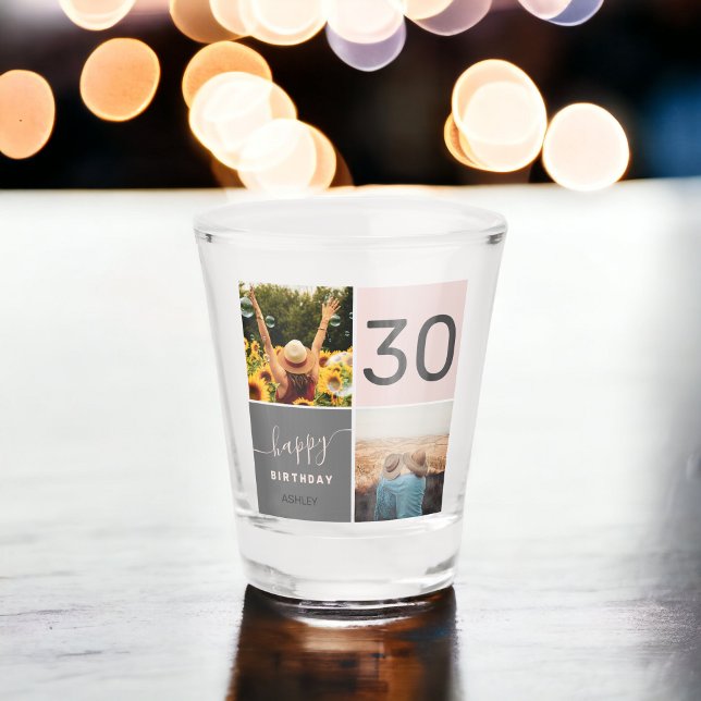 Modern 30 birthday pink 2 photo collage grid shot glass (Modern 30 birthday pink 2 photo collage grid shot glass)