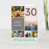 Modern 30 birthday pink 6 photo collage grid card (Front)