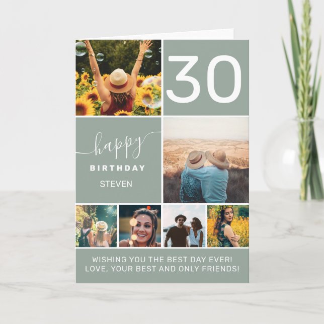 Modern 30 birthday sage green 6 photos card (Front)