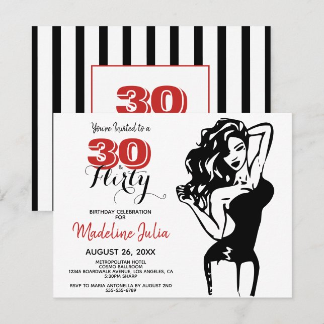 Modern 30 & FLIRTY 30th Birthday Black & Red Invit Invitation (Front/Back)