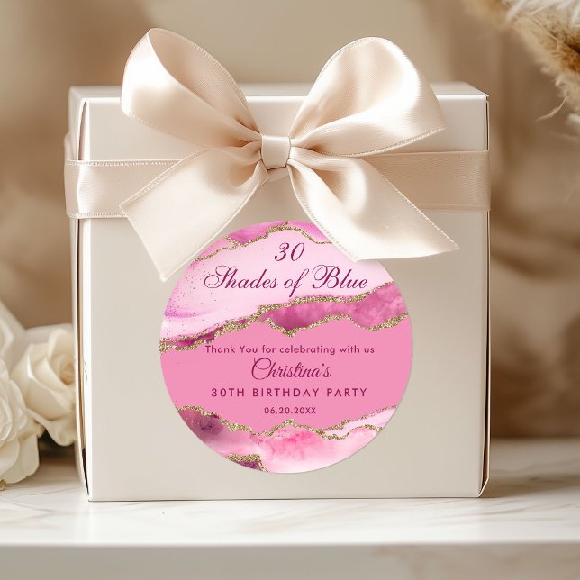 Modern 30 Shades of Pink Birthday Party  Classic Round Sticker (Modern and Elegant Pink and Gold Birthday Party Stickers)
