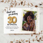 Modern 30th Adult Birthday Photo Thank You Card<br><div class="desc">Elegant thirtieth birthday party thank you cards featuring a simple white background that can be changed to any colour,  a photo of the birthday girl / boy,  gold sparkly glitter,  thirty gold hellium balloons,  and a modern thank you template that is easy to personalise.</div>