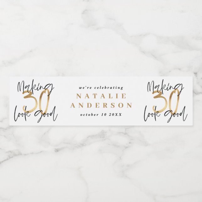 Modern 30th birthday black gold typography water  water bottle label (Single Label)