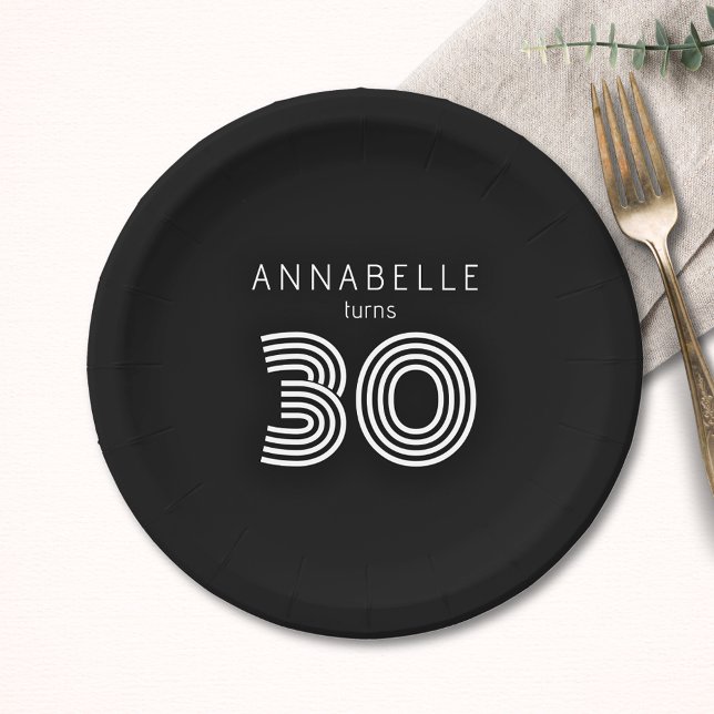 Modern 30th birthday black paper plate (Creator Uploaded)