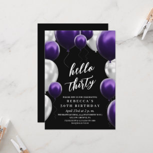 Modern 30th Birthday Black Silver Purple Balloons  Invitation