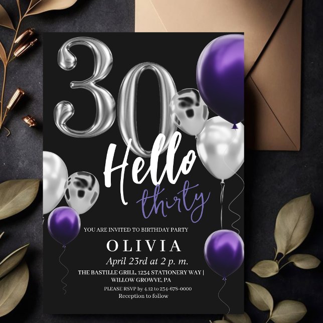 Modern 30th Birthday Black Silver Purple Balloons  Invitation (Creator Uploaded)
