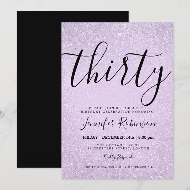 Modern 30th Birthday Lavender Glitter Paint Invitation (Front/Back)
