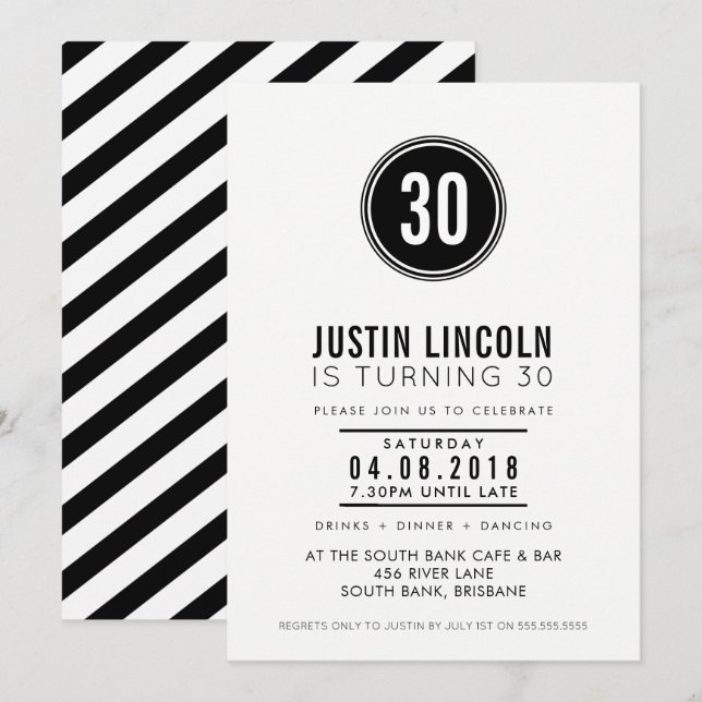MODERN 30TH birthday party INVITE plain spot black (Front/Back)