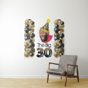 Modern 30th Birthday Photo Black Gold Tapestry