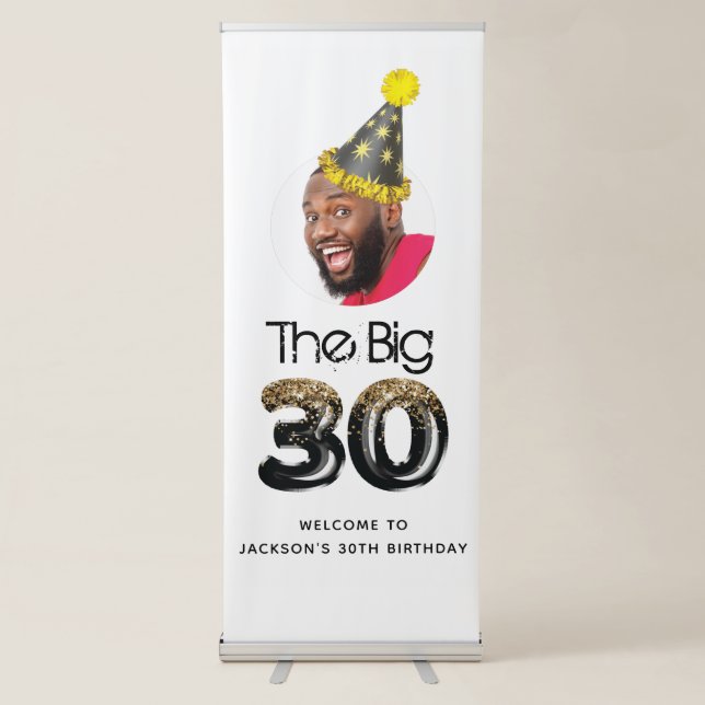 Modern 30th Birthday Photo Funny Retractable Banner (Front)