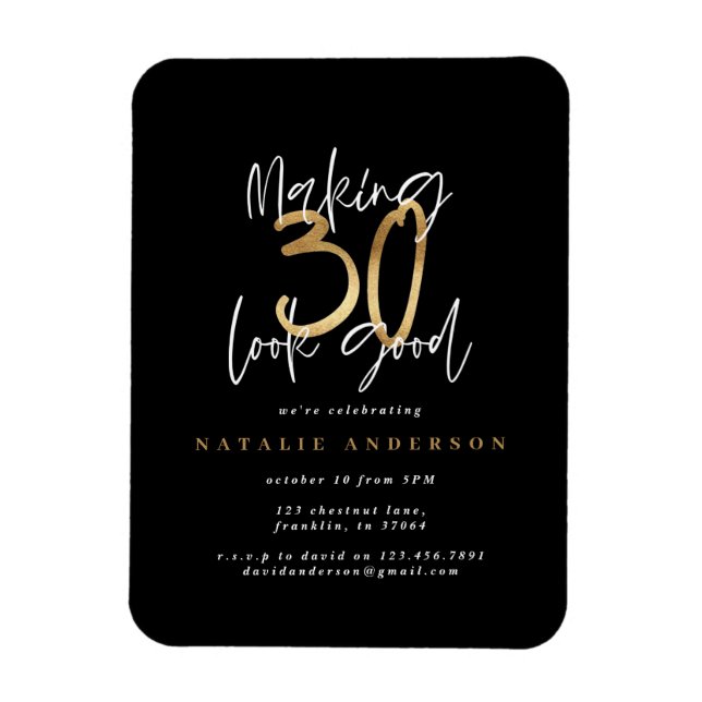 Modern 30th birthday typography black and gold magnet (Vertical)