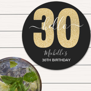 Modern 30th birthday with Golden glitter Round Paper Coaster