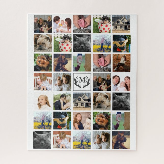 Modern 34 Family Photos Antlers & Initial Letter Jigsaw Puzzle (Vertical)