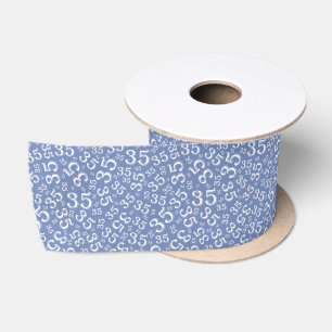 Modern 35th Birthday Number Pattern Blue/White Satin Ribbon