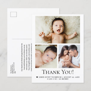 Modern 3 Baby Photo Birth Stats Thank you  Postcard