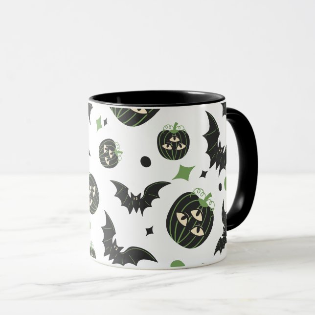 Modern 3-Eyed Pumpkin and Bats Halloween  Mug (Front Right)