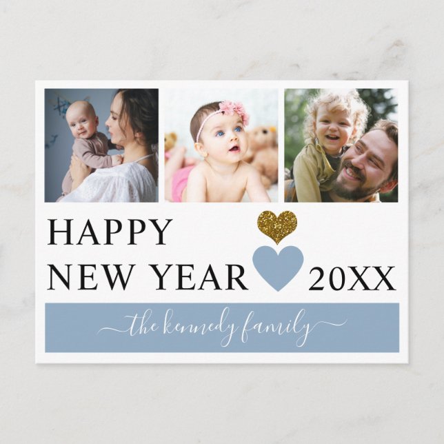 Modern 3 Family Photo Collage Happy New Year 2022 Holiday Postcard (Front)