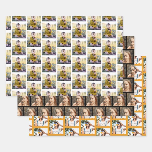 Modern 3 Family Photos Collage Pattern Christmas Wrapping Paper Sheet (Set)