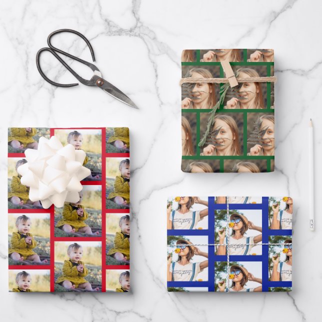 Modern 3 Family Photos Collage Pattern Christmas Wrapping Paper Sheet (Front)