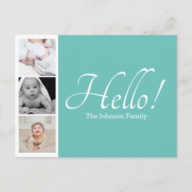 Modern 3 Family Photos Strip Announcement Postcard (Front)