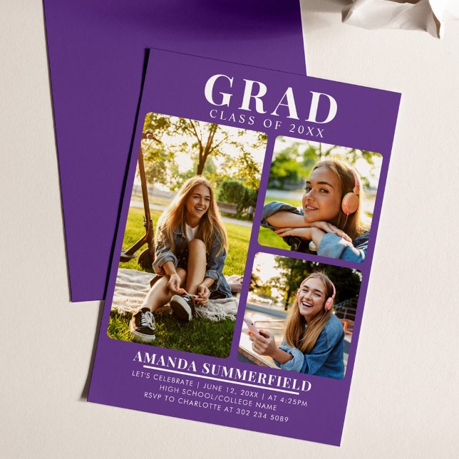 Modern 3 Graduate Photos Purple Graduation Party Invitation (Graduation Photo Collage Purple Grad Party Invitation)
