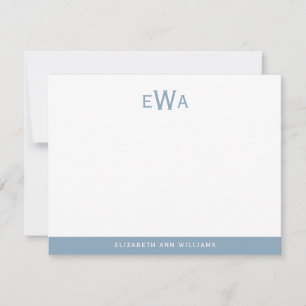 Modern 3 Initial Monogram Aqua Blue Stripes Card