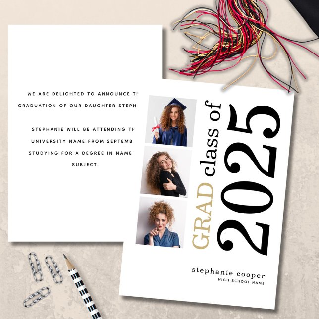 Modern 3 photo 2025 White Graduation Announcement (front and back view)