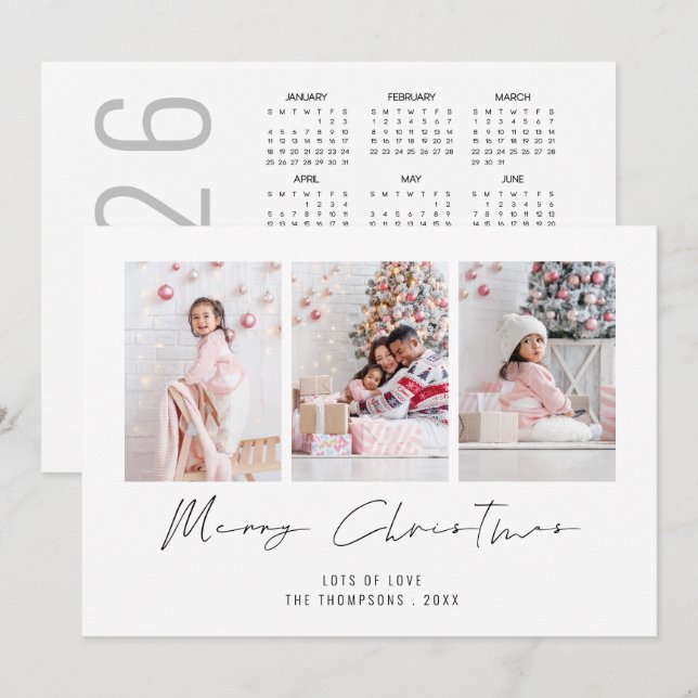 Modern 3 Photo 2026 Calendar Merry Christmas Holiday Card (Front/Back)