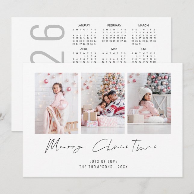 Modern 3 Photo 2026 Calendar Merry Christmas Holiday Card (Front/Back)