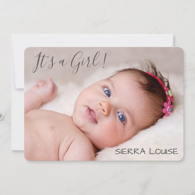 Modern 3 Photo Baby Girl Hand Lettered Font Birth Announcement (Front)