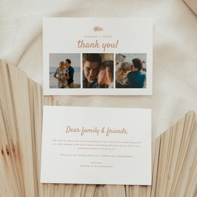 Modern 3-Photo Beige Floral Leaf Wedding Thank You Card (Creator Uploaded)