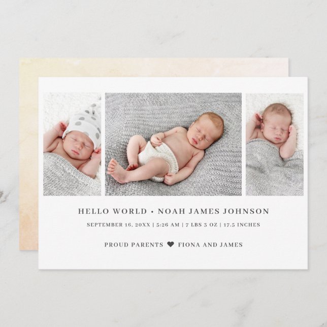 Modern 3 Photo Birth Announcement (Front/Back)