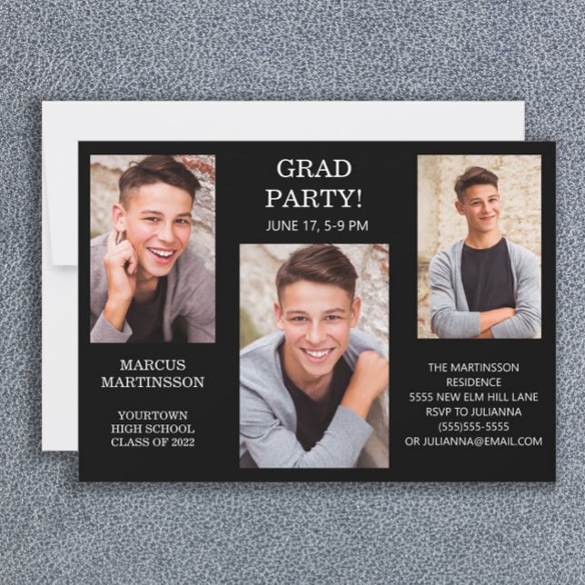 Modern 3 Photo Black (Editable Colour) Graduation  Invitation (Creator Uploaded)