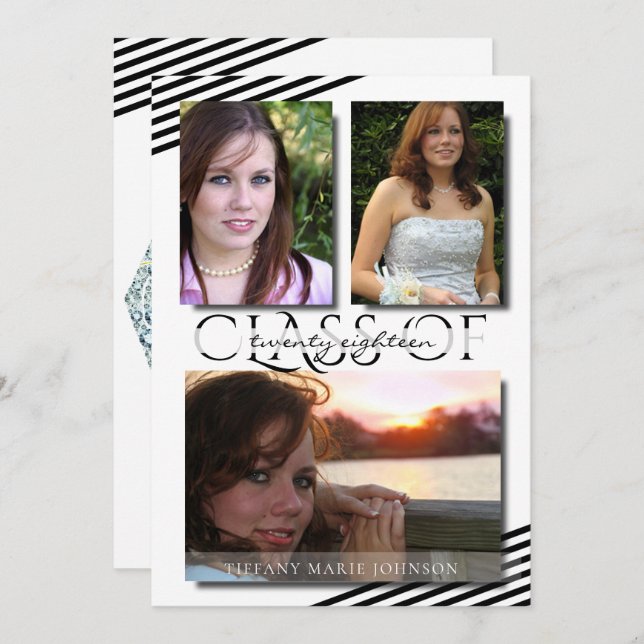 Modern 3 Photo  Black Stripes Graduation Party Invitation (Front/Back)