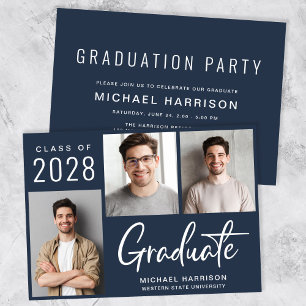 Modern 3 Photo Blue Graduation Party Invitation