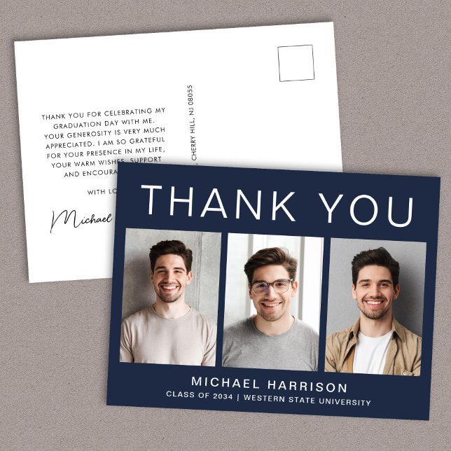Modern 3 Photo Blue Graduation Thank You Postcard (Creator Uploaded)