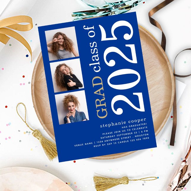 Modern 3 photo Bold 2025 Blue Graduation Invitation (front view)