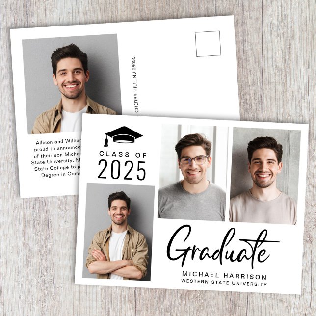 Modern 3 Photo Bold Script Graduation Announcement Postcard (Creator Uploaded)