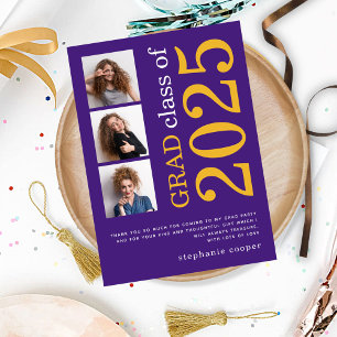 Modern 3 photo Bold Text 2022 Purple Graduation  Thank You Card