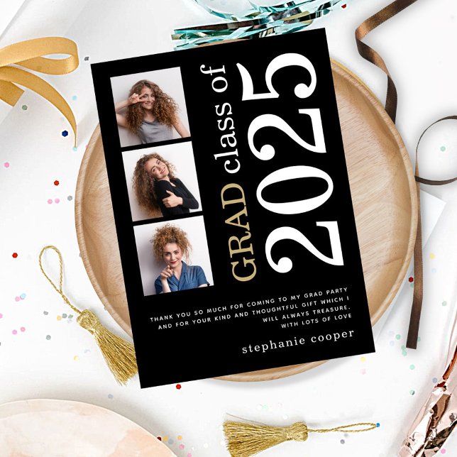Modern 3 photo Bold Text 2025 Black Graduation Thank You Card (Creator Uploaded)