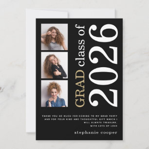 Modern 3 photo Bold Text 2026 Black Graduation Thank You Card