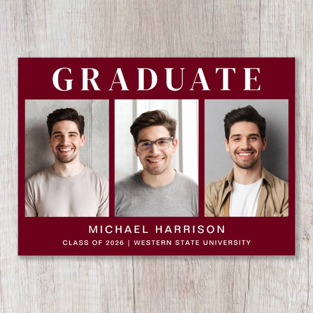 Modern 3 Photo Burgundy Graduation Announcement (Modern 3 Photo Burgundy Graduation Announcement)