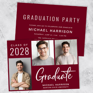 Modern 3 Photo Burgundy Graduation Party Invitation
