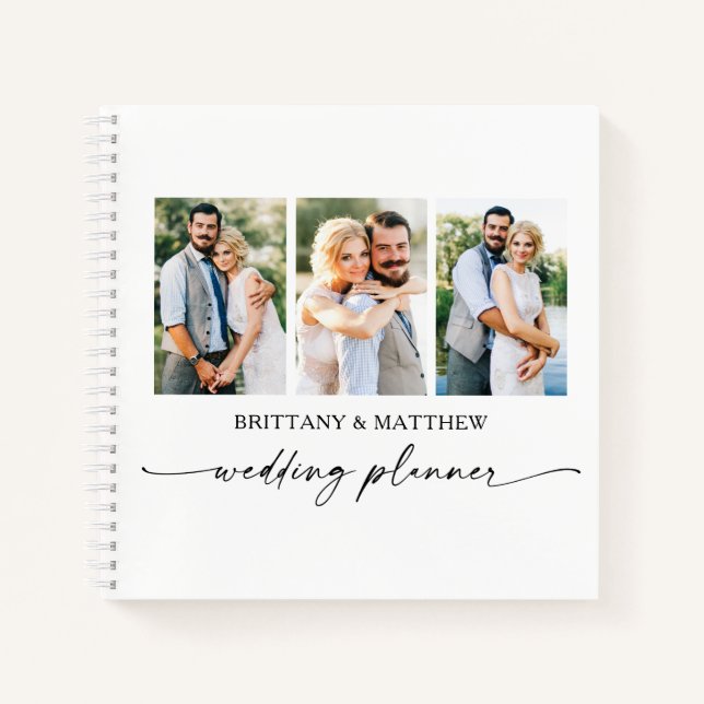 Modern 3 Photo Calligraphy Ink Wedding Planner Notebook (Front)