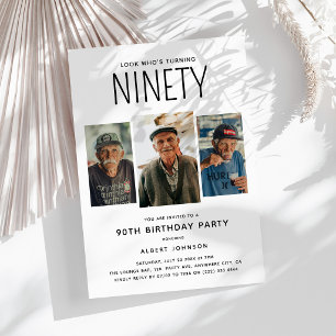 Modern 3 Photo Collage 90th Birthday Party Invitation
