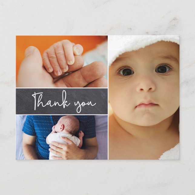 Modern 3 Photo Collage Baby Boy Birth Postcard (Front)