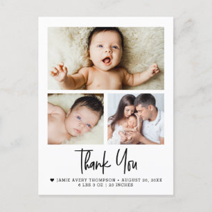 Modern 3 Photo Collage Baby Thank you Birth Postcard